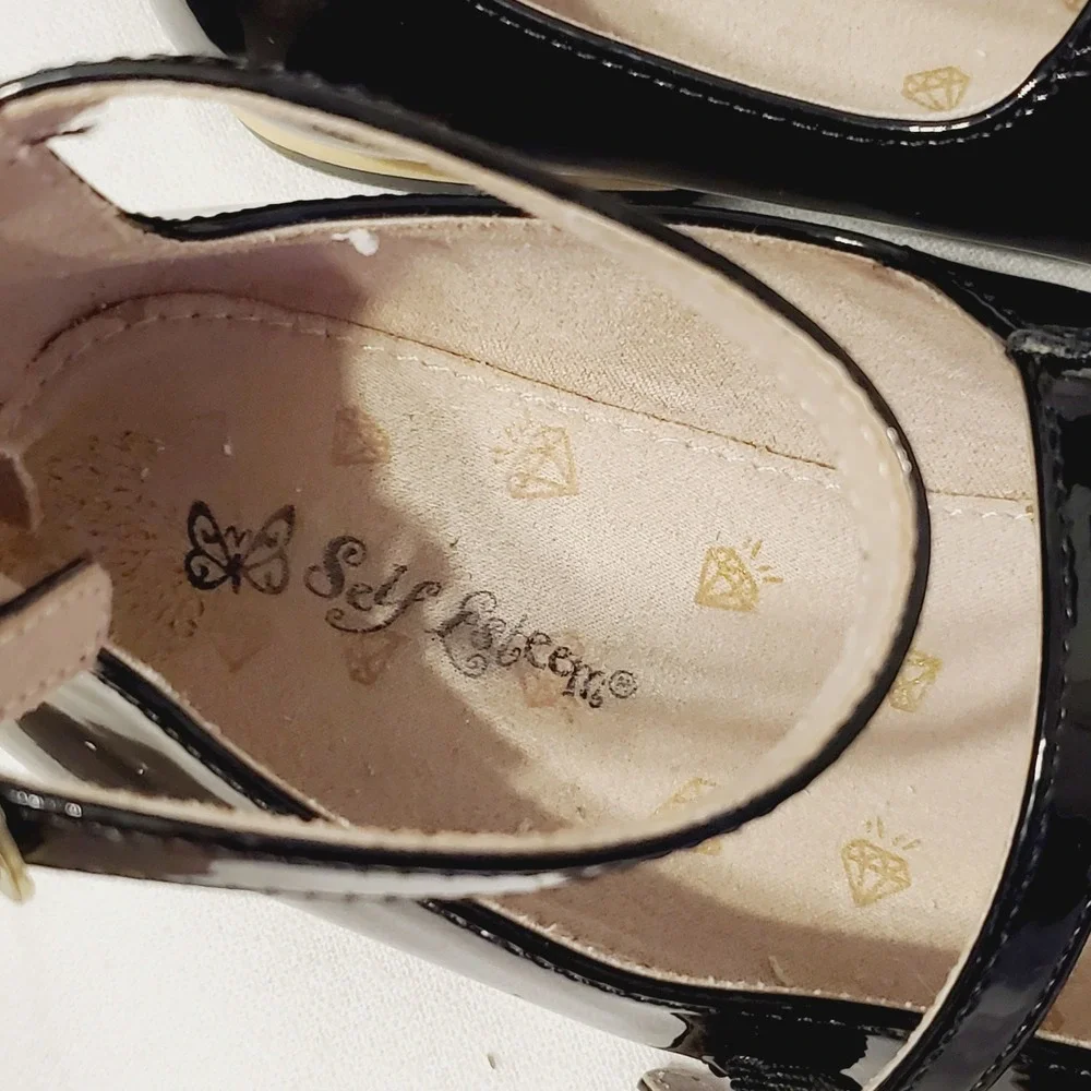 Self Esteem Girls Black Patent Mary Jane Flats Triple Strap Dress Shoes Size 3
